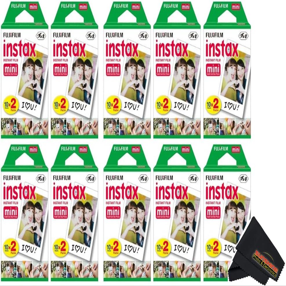 Fujifilm Instax Mini Instant Camera Film for Mini Instant Cameras - Capture Memories Anytime, Anywhere with Sunshine Photo Microfiber Cleaning Cloth... (10 Pack (200 Sheets Total))