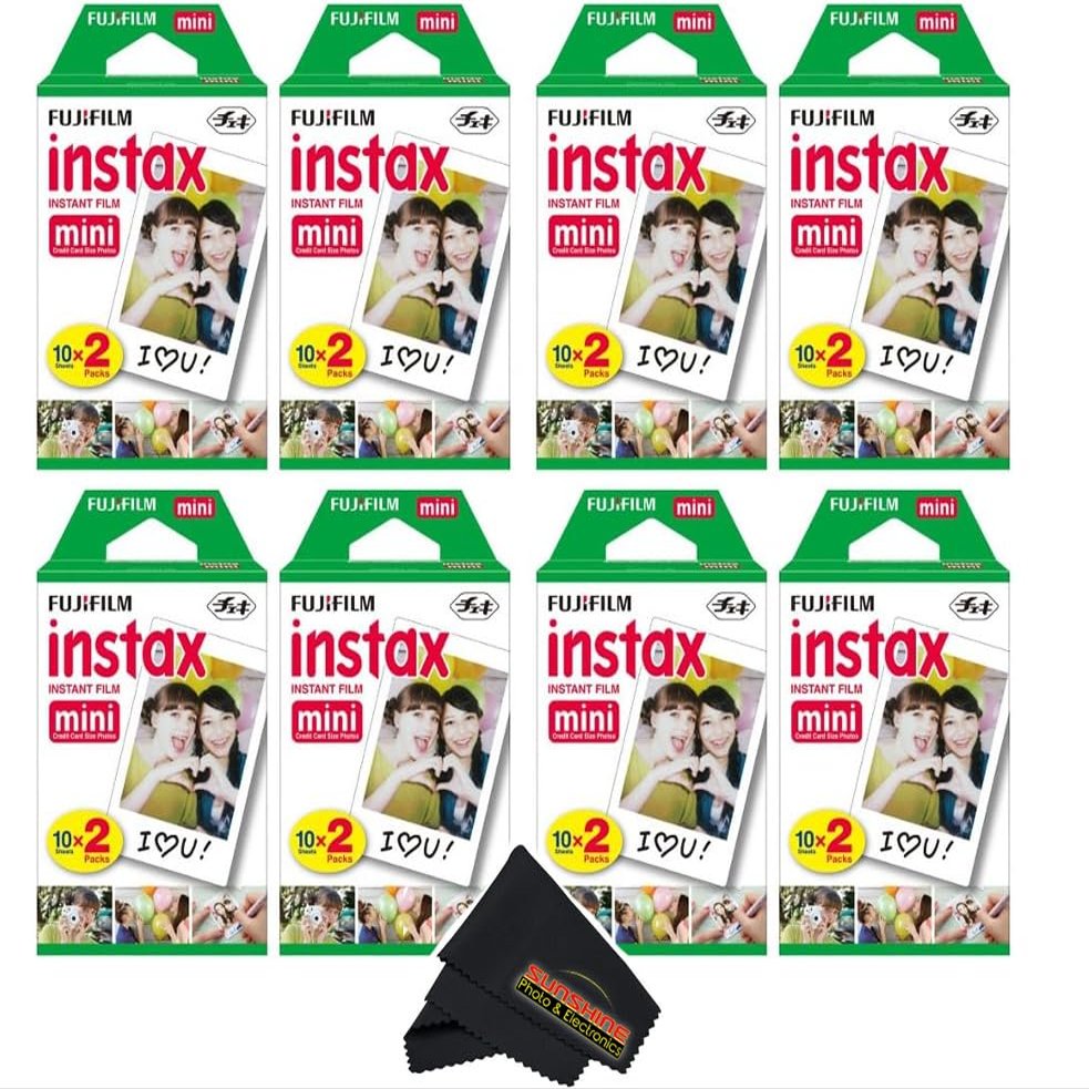 Fujifilm Instax Mini Instant Camera Film for Mini Instant Cameras - Capture Memories Anytime, Anywhere with Sunshine Photo Microfiber Cleaning Cloth... (8 Pack (160 Sheets Total))
