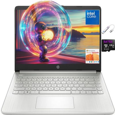 HP 14" HD Laptop for Students&Business, Intel Quad-Core CPU, 16GB RAM, 256GB Storage(128GB eMMC+128GB SD Card), One Year Office 365, WiFi, Webcam, HDMI, USB-A&C, Win 11, USB 3.0 Hub, Silver