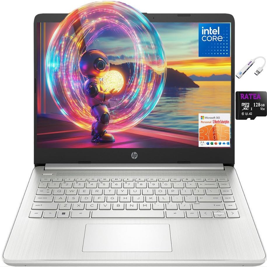 HP 14" HD Laptop for Students&Business, Intel Quad-Core CPU, 16GB RAM, 256GB Storage(128GB eMMC+128GB SD Card), One Year Office 365, WiFi, Webcam, HDMI, USB-A&C, Win 11, USB 3.0 Hub, Silver