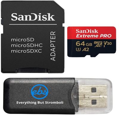 SanDisk MicroSDXC 64GB UHS-I Extreme Pro Card Compatible with GoPro Hero (2024) and Hero 13 Action Cameras (SDSQXCU-064G-GN6MA) Bundle with (1) Everything But Stromboli MicroSDXC Card Reader