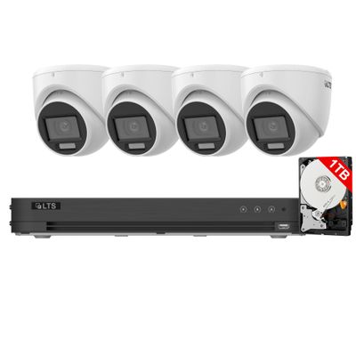 LTS 4CH Wired Security Camera System with AI Human/Vehicle Detection, 4-ch HD TVI DVR, 4pcs 1080P 2MP Indoor Outdoor Weatherproof Cameras with Smart Dual Light, Color Night Vision, 1TB Hard Drive
