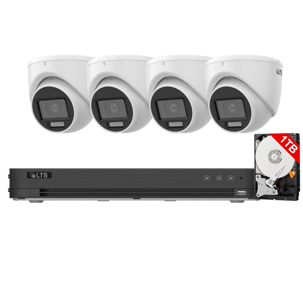 LTS 4CH Wired Security Camera System with AI Human/Vehicle Detection, 4-ch HD TVI DVR, 4pcs 1080P 2MP Indoor Outdoor Weatherproof Cameras with Smart Dual Light, Color Night Vision, 1TB Hard Drive