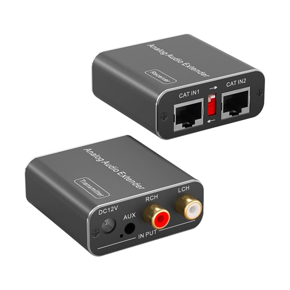 Analog Audio Extender Over Cat 5/6 (PoC) up to 1640Ft, 3.5mm AUX RCA Audio Extender Over Cat5e/Cat 6, Extra Long Range Audio Over Ethernet L/R RCA Analog Transmitter Receiver
