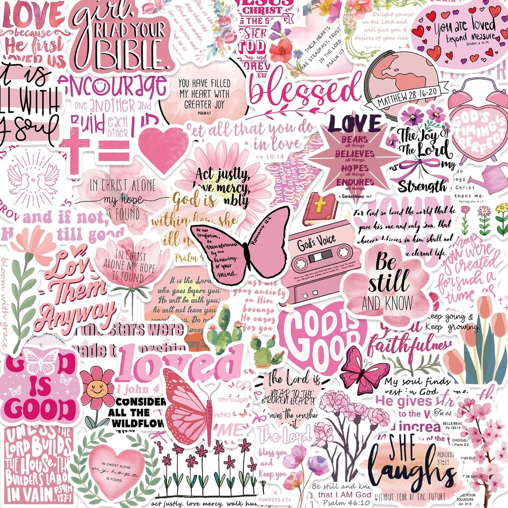 100PCS Pink Bible Verse Stickers for Adults Jesus Stickers Faith Based Gifts for Girl Women Inspirational Jesus Qoute Praise God Religious Decoration Party Favors