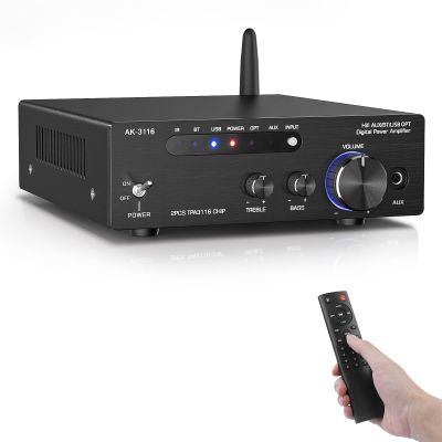 Facmogu AK-3116 HiFi Digital Amplifier, Bluetooth 5.3 200W Dual TPA3116 2 Channel 2x100W Class D Stereo Receiver w/RCA, USB, Optical, FM, Mini Amp Audio System for Home, Outdoor, w/ 24V Power Supply