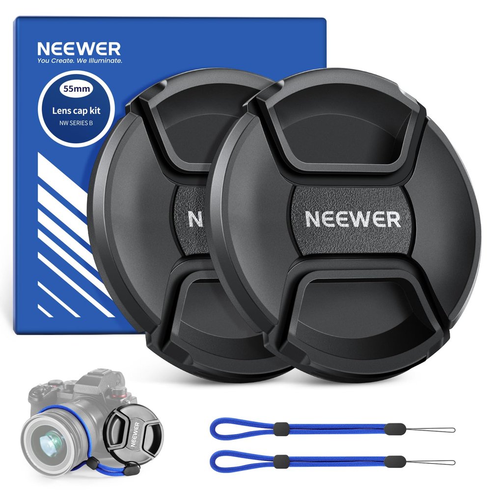 Neewer 55mm Lens Cap Kit (2 Pack), Lens Cover with Anti Loss Strap and Cleaning Cloth, Compatible with Canon Nikon Sony Fujifilm Panasonic Camera Lens of 55mm Diameter