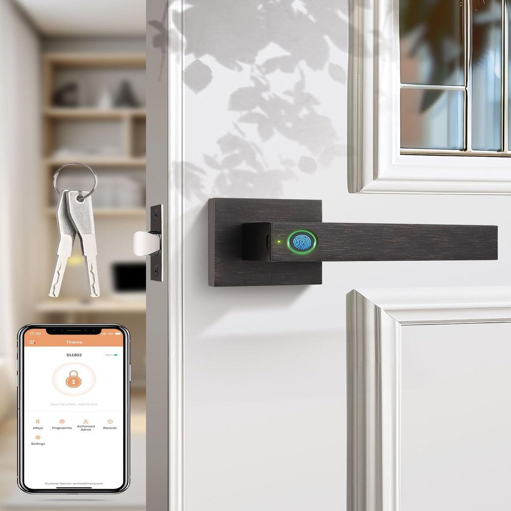 Tinewa Fingerprint Door Lock, Biometric Door Knob with Smart Lock, Keyless Entry Door Handle with App, Bedroom, Office, Hotel, Pantry, Oil Rubbed Bronze