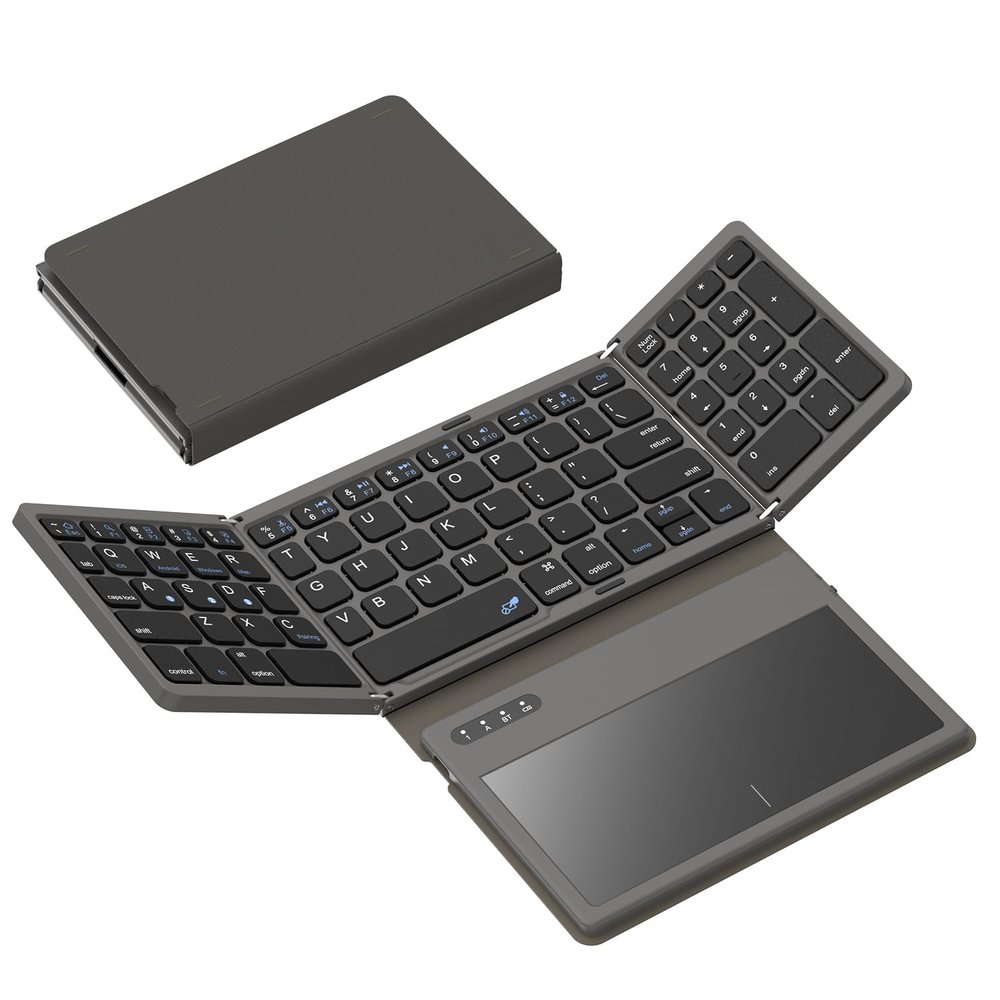 GEODMAER Foldable Bluetooth Keyboard, Portable Full Size Folding Keyboard with Large Touchpad, Numeric Keypad, PU Leather, Wireless TravelKeyboard for Windows iOS Android Mac(Grey)