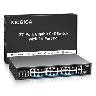 NICGIGA 24-Port Gigabit PoE Switch with 24 PoE+@300W, 2 Gigabit Uplink Ports, 1 SFP, Sturdy Metal for Desktop/Rack Mount, Plug and Play, Unmanaged Power Over Ethernet Switch