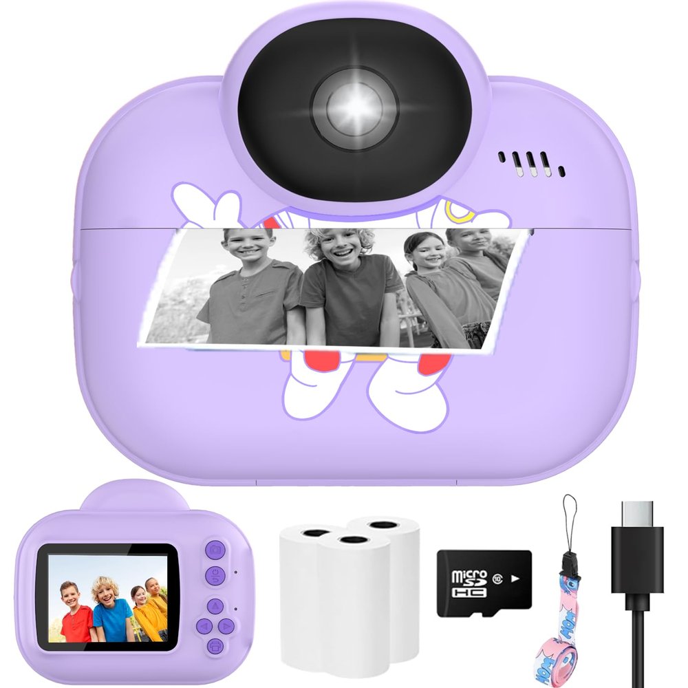 Kids Camera Toys, Instant Print Camera for Kids, Toddler Cameras for Girls Boys,1080P HD Digital Cameras, Portable Travel Toys for Girls 4 5 6 7 8 9 10 Year Old with SD Card (Purple)