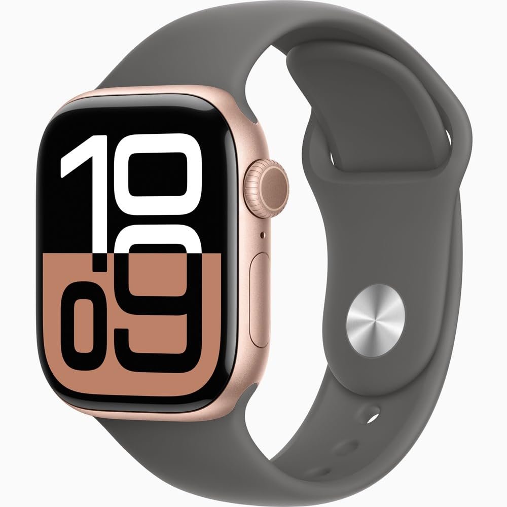 Apple Watch Series 10 [GPS + Cellular, 42mm] - Rose Gold Aluminum Case with Stone Gray Sport Band, S/M (Renewed)