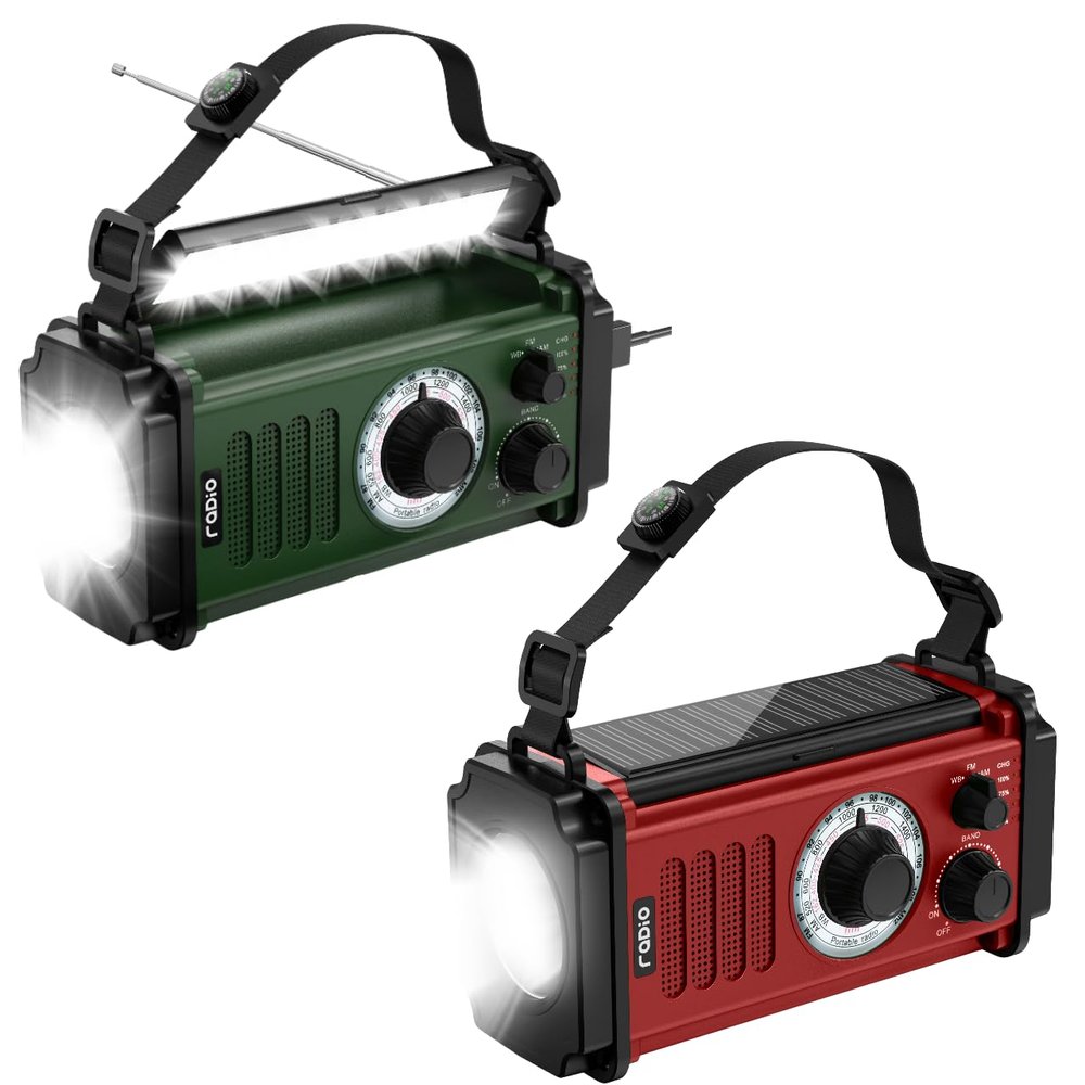 Emergency Radio 2-Pack: Red & Dark Green 37000mWh Solar Hand Crank NOAA Weather Radios with Flashlight, SOS Alarm & Phone Charger for Hurricane and Emergency Preparedness