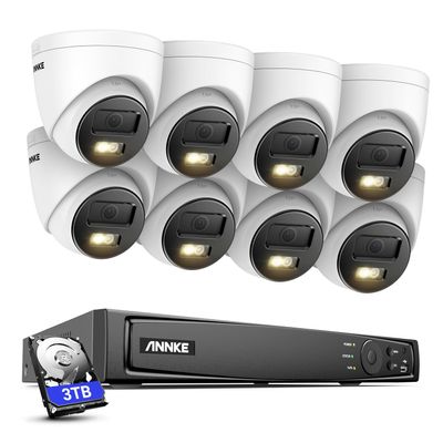 ANNKE 12MP Security Camera System, 8 Channel H.265+ 12MP NVR, 8X Wired PoE Turret Cams with Color Night Vision, AI Motion Detection, Built-in Mic, IP67, 100FT EXIR Night Vision with Smart IR, 3TB HDD