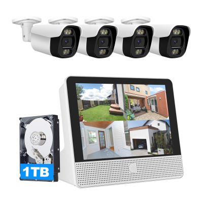 Tennoz 16CH Expandable PoE Security Camera System with All-in-One 10.1" LCD 4K NVR Monitor, 4Pcs 5MP PoE Bullet Cameras, Smart Dual Light, Two Way Talk, Plug & Play, Human Vehicle Detection, 1TB HDD