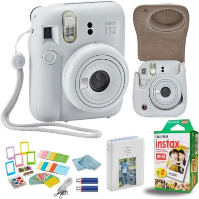 Fujifilm Instant Mini 12 Camera + Accessory Bundle & Custom Case + Fuji Instant (20 Shots) Designer Mini Photo Album (60 Pockets) (Clay White)