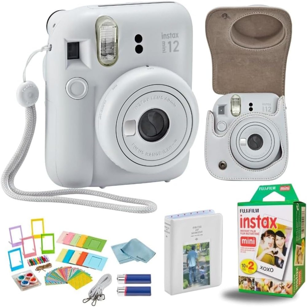 Fujifilm Instant Mini 12 Camera + Accessory Bundle & Custom Case + Fuji Instant (20 Shots) Designer Mini Photo Album (60 Pockets) (Clay White)