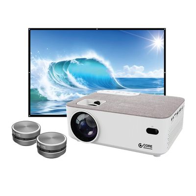 Core Innovations Home Theater Bundle with Projector, 120" Screen, and Two Mini Bluetooth Wireless Bone Conduction Instant Speakers, White