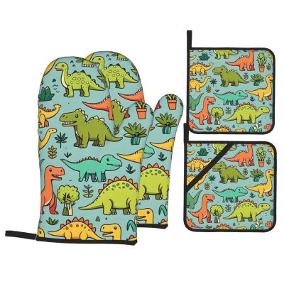 Cute Cartoon Dinosaurs Print Oven Mitts and Pot Holders Set of 4 Cute Hot Pads Heat Resistant Gloves - Heat Resistant Kitchen Accessories