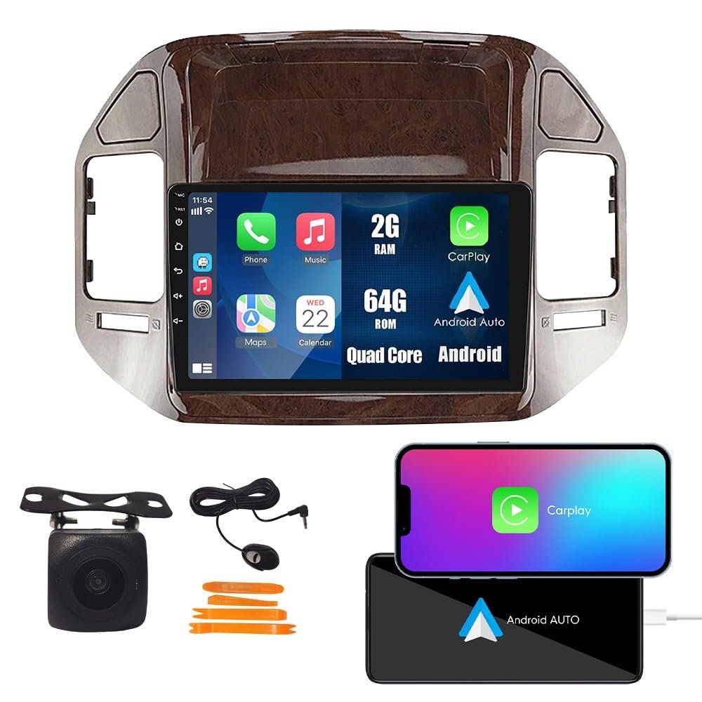 CarPlay Android Auto Navigation Stereo GPS Radio Camera Display 9" IPS Touchscreen Headunit Tablet Pad Media Player for Mitsubishi Pajero V60 V68 V73 1999-2006, if Applicable Quad Core 2G+64G Brown