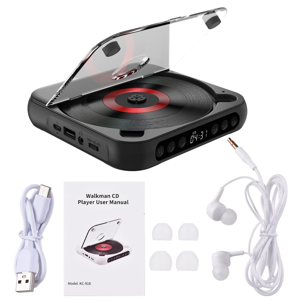Dioche CD Player, CD Player Portable Boombox Boomboxes 2000mAh Rechargeable CD Player for Car Aux or Home Music Player (Black)