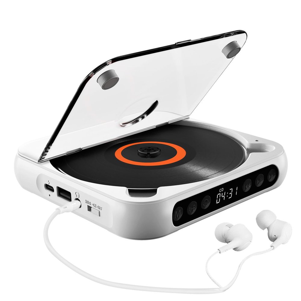 Dioche CD Player, Portable Boombox with 2000mAh Rechargeable Battery, Supports CD, USB, and BT Modes, White