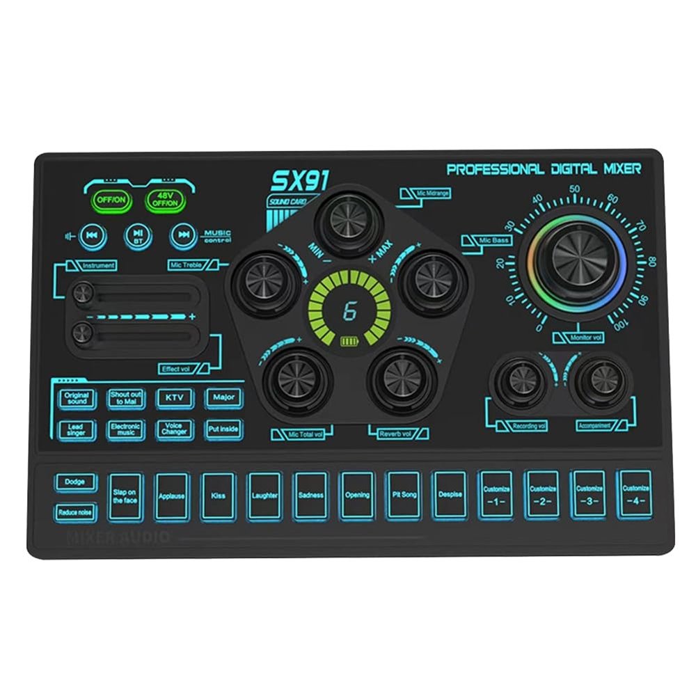 OTDOGUO SX91 Live Sound Card USB Sound Mixer Professional Audio Mixing Console Amplifier for Live Sing PC Laptop Cellphone