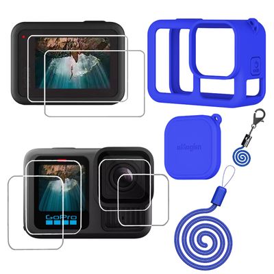 Debous Hero13 Black Silicone Protective Case Bag Screen Protector for GoPro Hero13, Glass Screen Protector Soft Rubber Cover (Blue)