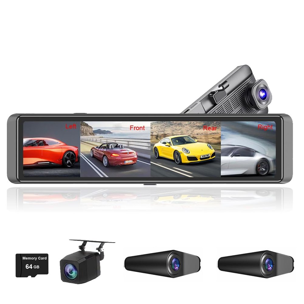 XRC TECH 4 CHs Dash Cam for Cars 360 Panoramic Monitoring, Front Left Right and Rear 4K+1080P+1080P+1080P,with WiFi APP ADAS BSD, 12 inch Rearview Mirror IPS Screen, Waterproof Shark Side Lens