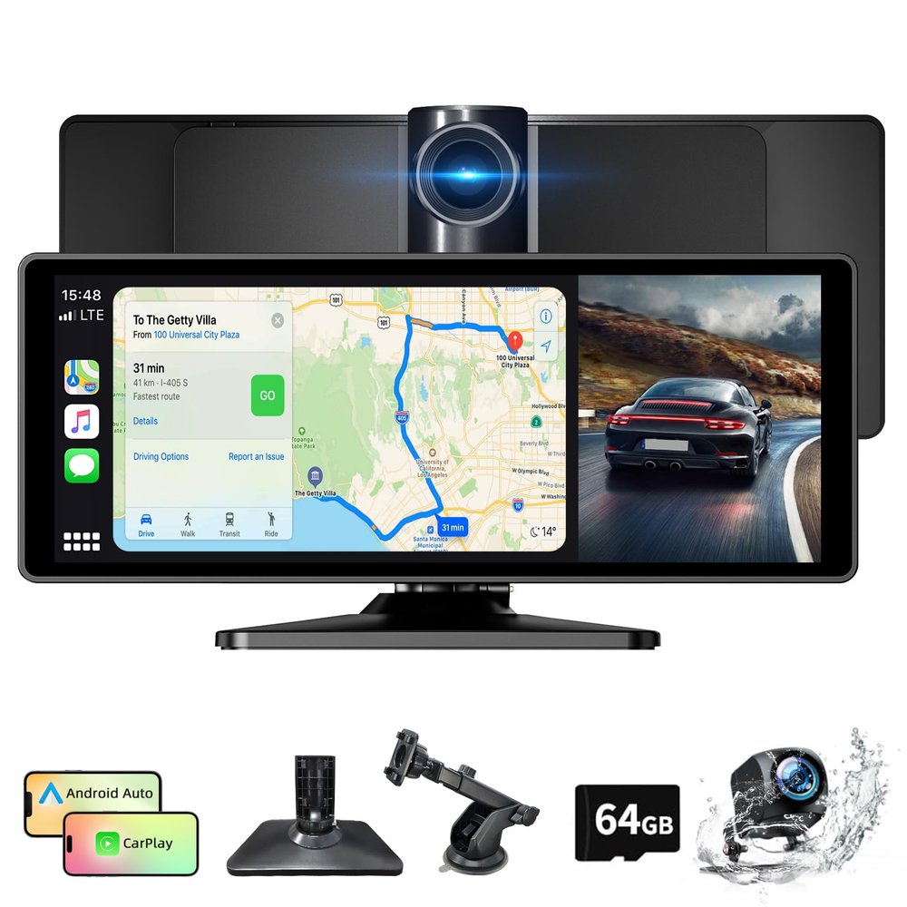 10.26 Inch Carplay Screen for Car, Portable CarPlay Screen with Wireless Carplay & Android Auto, 4K Dash Cam/1080P Backup Camera/GPS Navigation/Mirror Link/Bluetooth, Car Touch Screen with 64GB TF