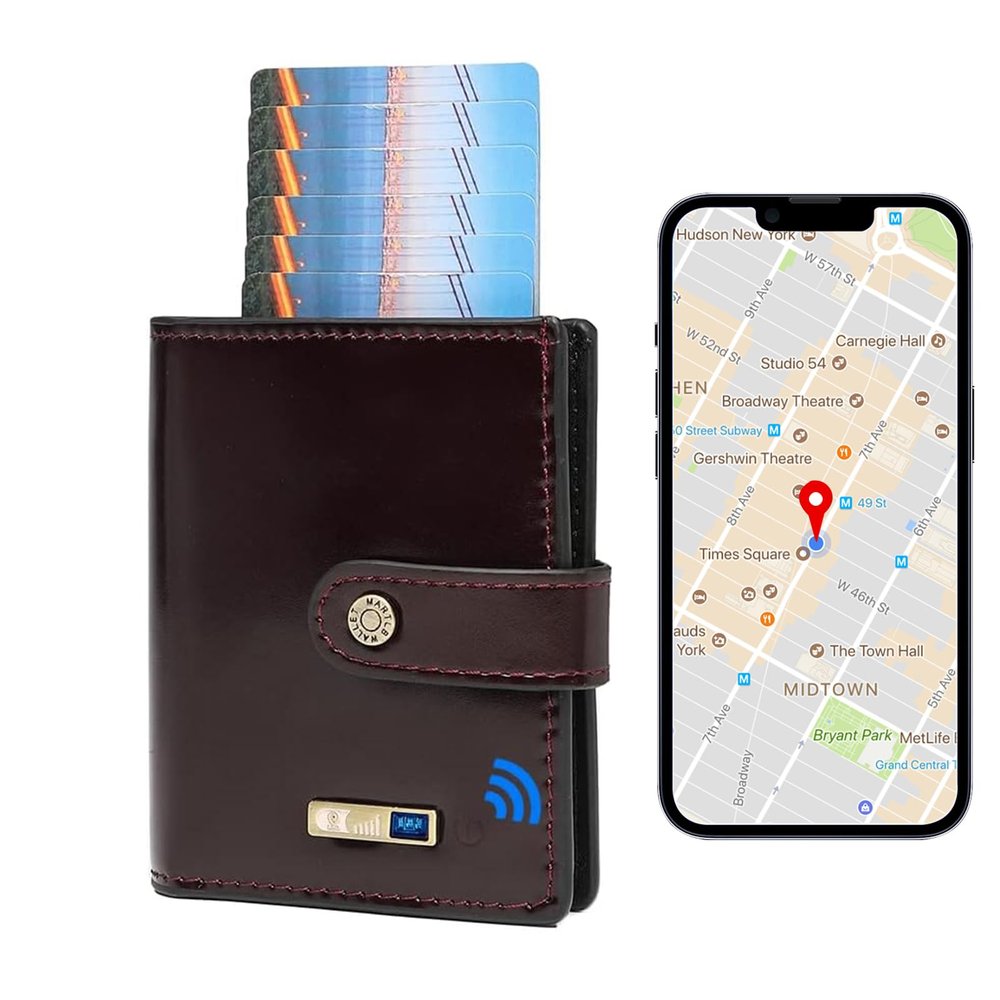 Smart Wallet Tracker & Finder, Compatible with Anroid, Slim Leather with 1 ID Window, Credit Card Holder Box (Burgundy, Android+iOS)
