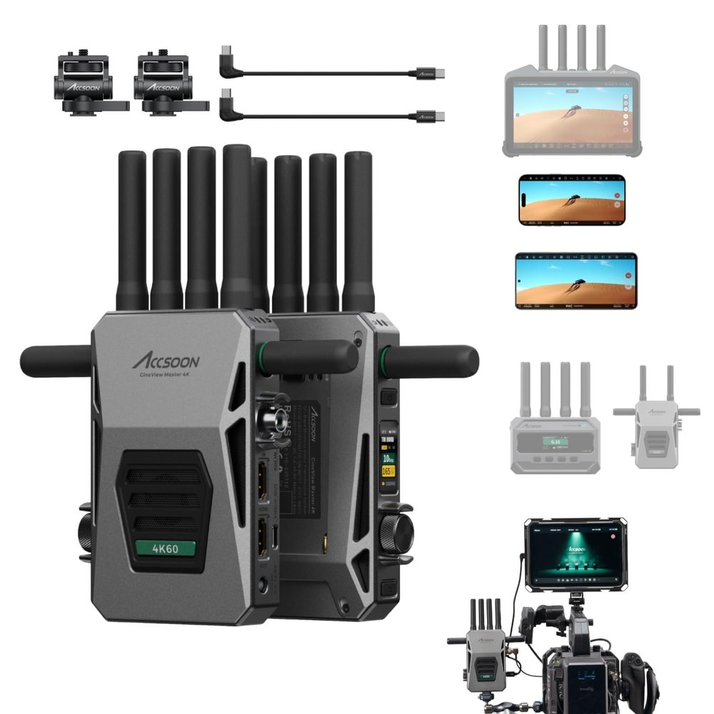 Accsoon CineView Master 4K Wireless Video Transmission System HDMI SDI Transmitter Receiver 4K60 Tri-Band 25ms Latency 8202ft,1 Wired+4 App Monitoring Livestreaming, Pair CineView SE 4K/M7 Pro (TX RX)