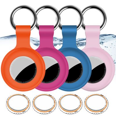4Pack,for Apple Airtag Holder Case with Keychain,IPX8 Waterproof,Shockproof GPS Air Tag Tracker Cover [Anti-Scratch] [PC+Silicone] for Item Finders Case for Pets,Luggages-Blue+Pink+Orange+Rose Red