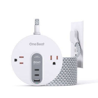 10 Ft Flat Plug Extension Cord with 2 USB C, 10Ft Long Power Strip Surge Protector with 2 Widely AC Outlet with 3 USB Ports, Small Desktop Charging Station, Compact for Dorm, Home Office, Travel