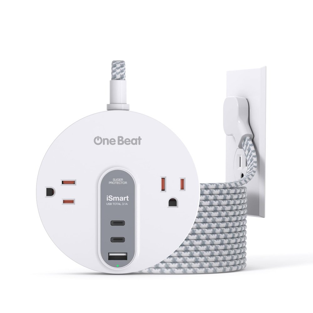10 Ft Flat Plug Extension Cord with 2 USB C, 10Ft Long Power Strip Surge Protector with 2 Widely AC Outlet with 3 USB Ports, Small Desktop Charging Station, Compact for Dorm, Home Office, Travel