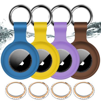 4Pack,for Apple Airtag Holder Case with Keychain,IPX8 Waterproof,Shockproof GPS Air Tag Tracker Cover [Anti-Scratch] [PC+Silicone] for Item Finders Case for Pets,Kid,Luggages-Yellow+Blue+Purple+Brown