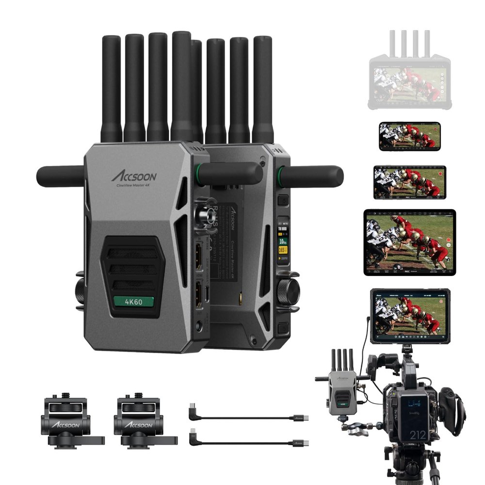 Accsoon CineView Master 4K SDI HDMI Wireless Video Transmitter&Receiver, 2.4Ghz+5Ghz+6GHz Tri-Band 8202ft Range 25 ms Latency, 4K60/1080p60 1 Wired iOS+4 App Monitoring, Real-time Live Stream(1TX+1RX)