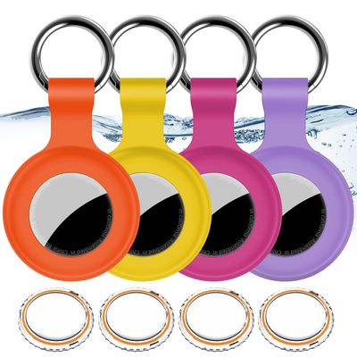 4Pack,for Apple Airtag Holder Case with Keychains,IPX8 Waterproof,Shockproof GPS Air Tag Cover [Anti-Scratch] [PC+Silicone] for Item Finders Case for Pets,Kid,Women-Yellow+Purple+Orange+Rosered
