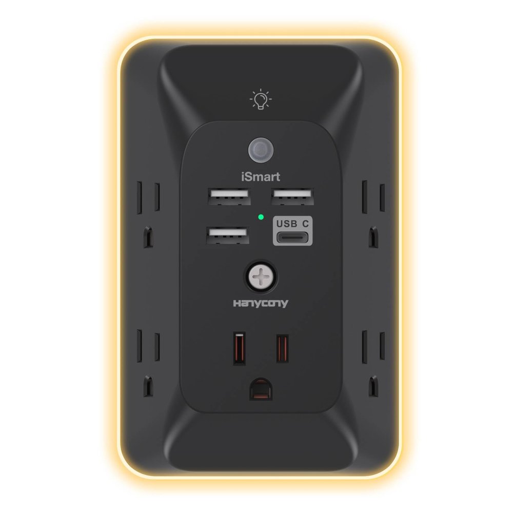 Black Outlet Extender with Night Light, HANYCONY Multi Plug Outlet, USB Wall Charger Surge Protector 4 USB Charging Port(1USB C), Power Strip Electrical Outlet Splitter Expander for Office Dorm Room