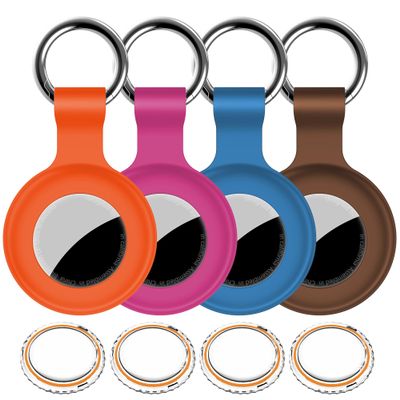 4Pack,for Apple Airtag Holder Case with Keychain,IPX8 Waterproof,Shockproof GPS Air Tag Tracker Cover [Anti-Scratch] [PC+Silicone] for Item Finders Case for Pets,Luggages-Blue+Brown+Orange+Rose Red