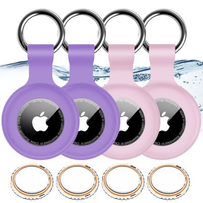 1|2|4Pack for Apple AirTag Holder,for Air Tag 2nd &1st Genaretion,Waterproof GPS Tracker Air Tag Keychain with Cover Anti-Scratch Silicone for Air-Tag Case for Pets,Luggages-Pink+Pink+Purple+Purple
