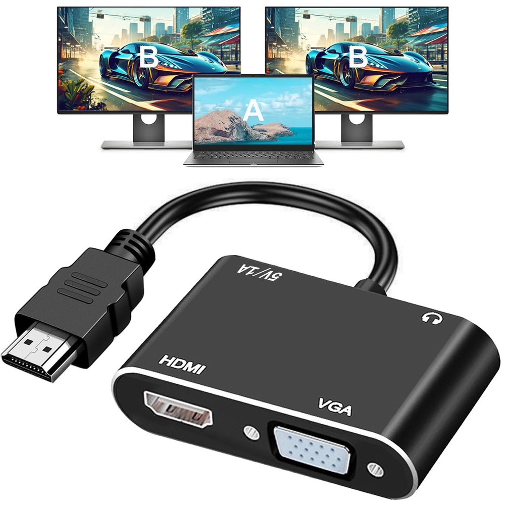 AKWOR HDMI to VGA+HDMI Adapter for Dual Monitor, HDMI to VGA & HDMI Splitter 1 to 2,1080P@60HZ Full HD Display Video Converter Compaitble with Windows/Mac Os/Linux, Plug & Play