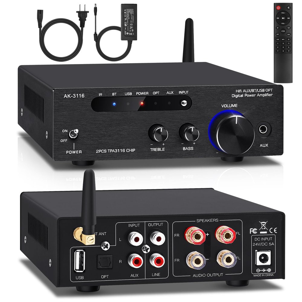 Beffkkip Amplifier Home Audio,Stereo Receiver Bluetooth 5.0 Power amp 100W x2 Wireless HiFi Stereo Class D Digital 2 Channel Integrated with Bass Treble Control for Passive Speakers
