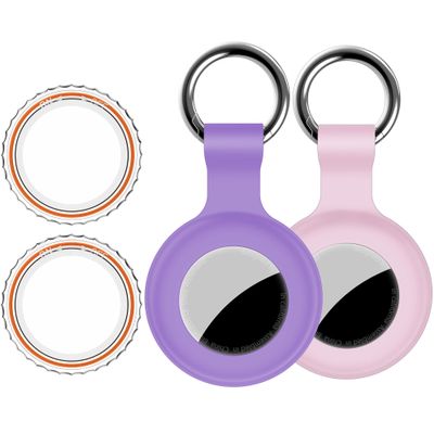 2Pack,for Apple Airtag Holder Case with Keychains,IPX8 Waterproof,Shockproof GPS Air Tag Tracker Cover [Anti-Scratch] [PC+Silicone] for Item Finders Case for Pets,Kid,Women-Pink+Purple