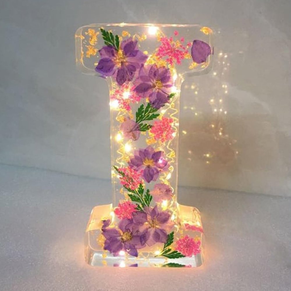 Handmade Floral Night Light, Floral Resin Night Light Letter, Floral Resin Letter Lamp with LED Light, Handmade Floral Resin Letter Night Light, Personalized DIY Floral Letter Name Night Light (I)