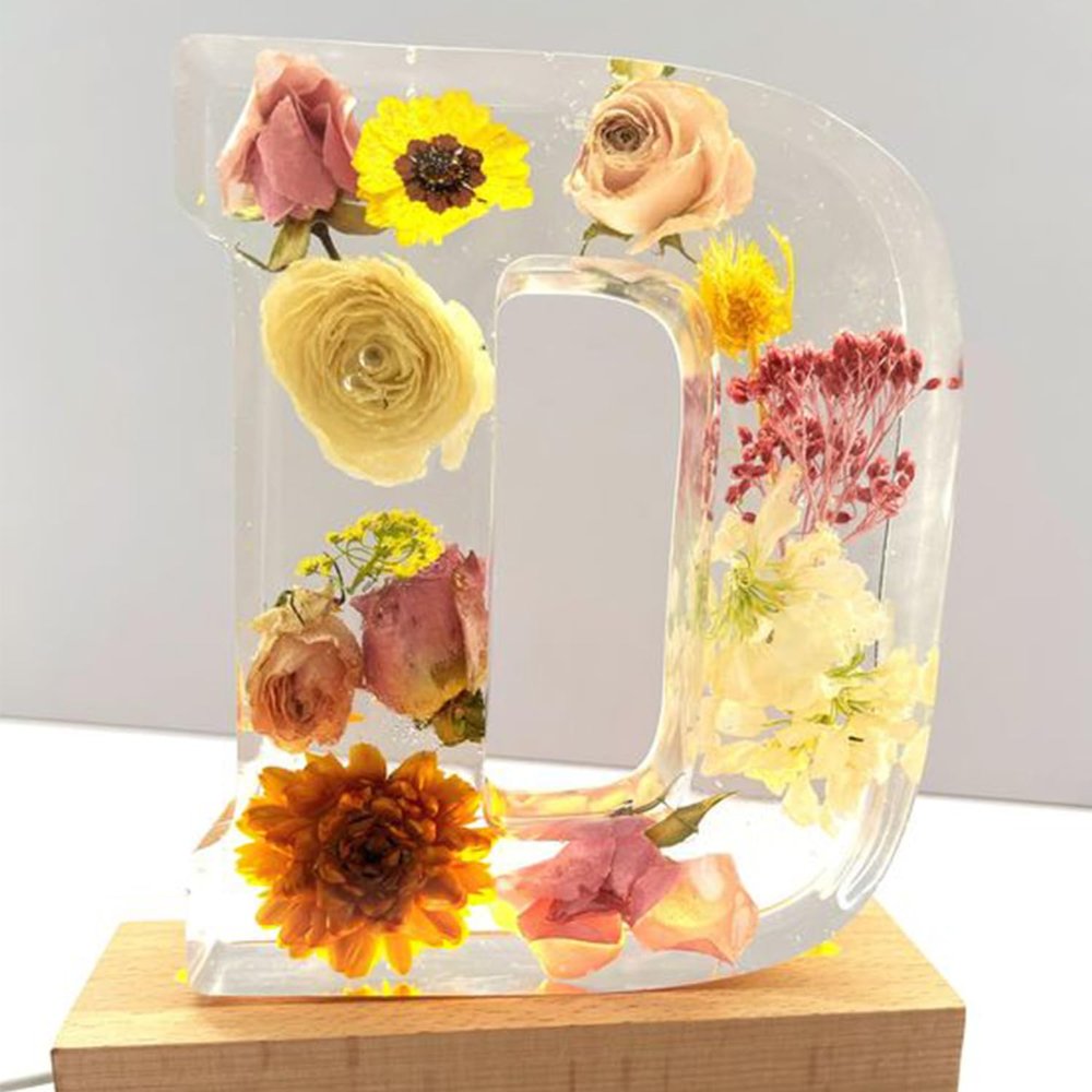 Handmade Floral Night Light, Floral Resin Night Light Letter, Floral Resin Letter Lamp with LED Light, Handmade Floral Resin Letter Night Light, Personalized DIY Floral Letter Name Night Light (D)