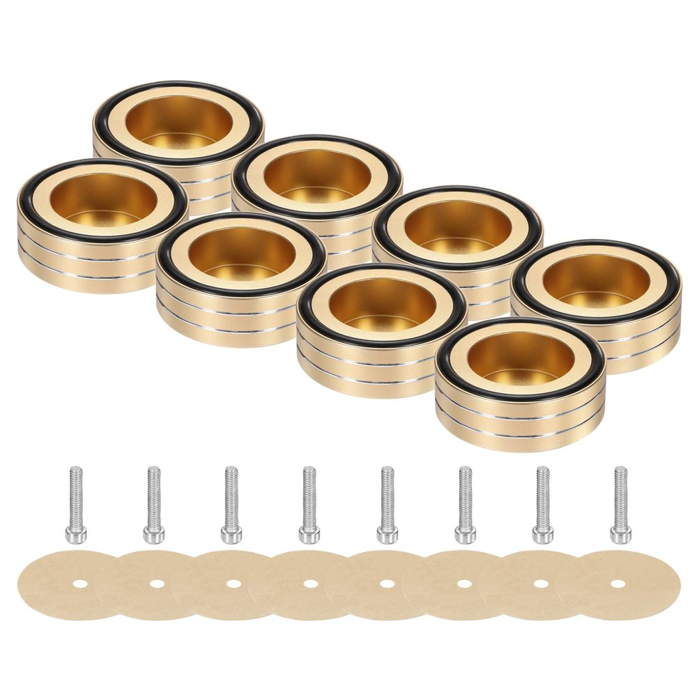 MECCANIXITY 8 Pcs Subwoofer Isolation Pad, 58x22mm Speaker Isolation Pad Feet Speaker Spikes Turntable Audio Studio Monitor Isolation Pad for Audio Equipment, M4 Screws Gold