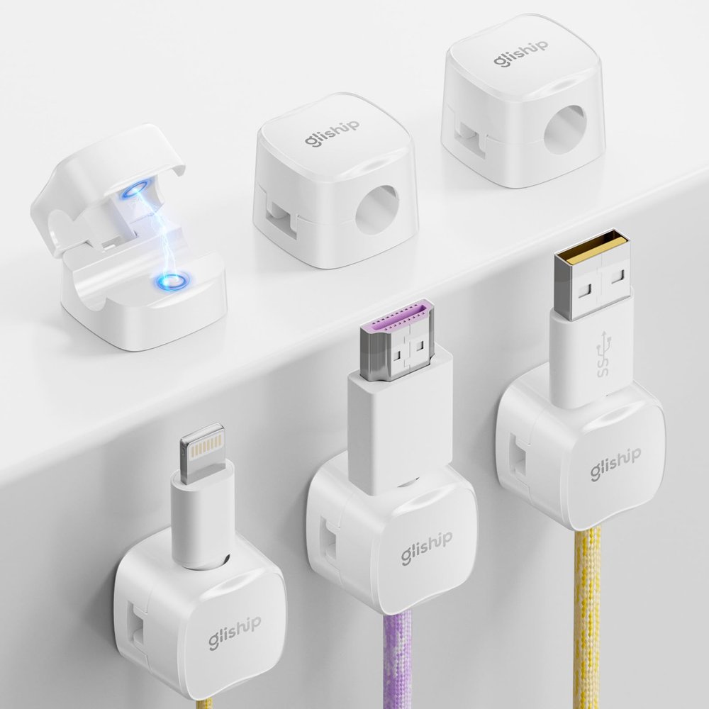 gliship 6-Pack Magnetic Cable Clips - Cell Phone Cord Holder for Nightstand, Mini Cube Cord Holder with 6 Extra Strong Adhesive Pads, USB Cable Magnetic Clip for Office Desk Home