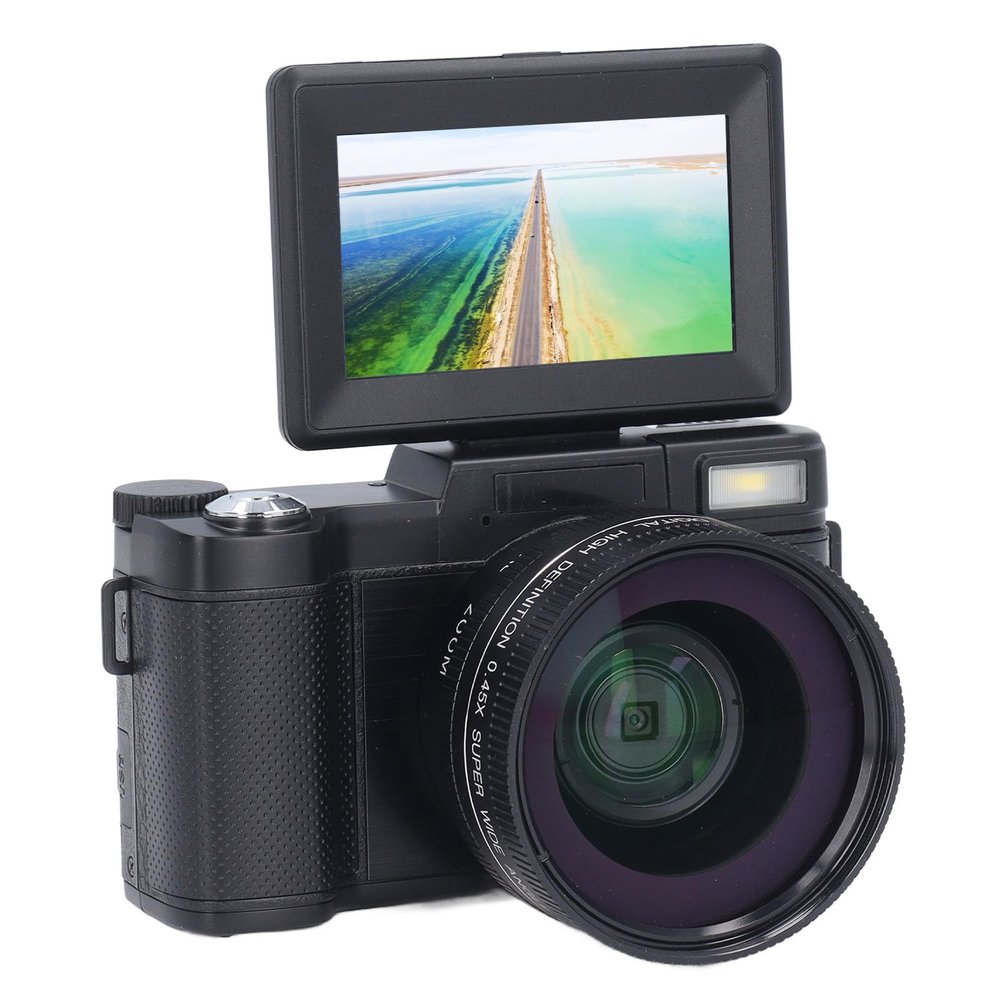 4K Digital Camera Auto Focus Anti Shake 48MP Vlogging Camera 32G Card 180 Degree Flip Screen 0.45X Wide Angle Macro Lens (Black)