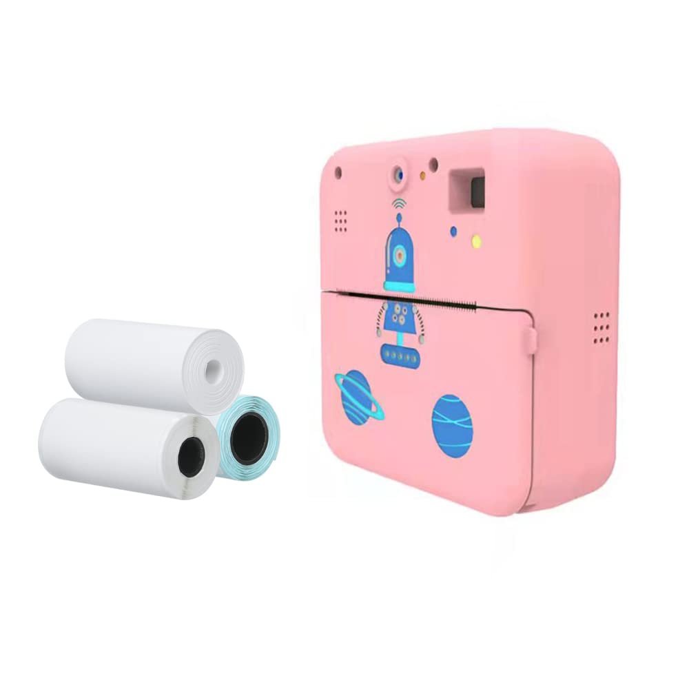 ZJchao 1080P Instant Print Camera Printer Thermal Label Printer with 10 Cartoon Photo Frames for Office and Home (Pink)
